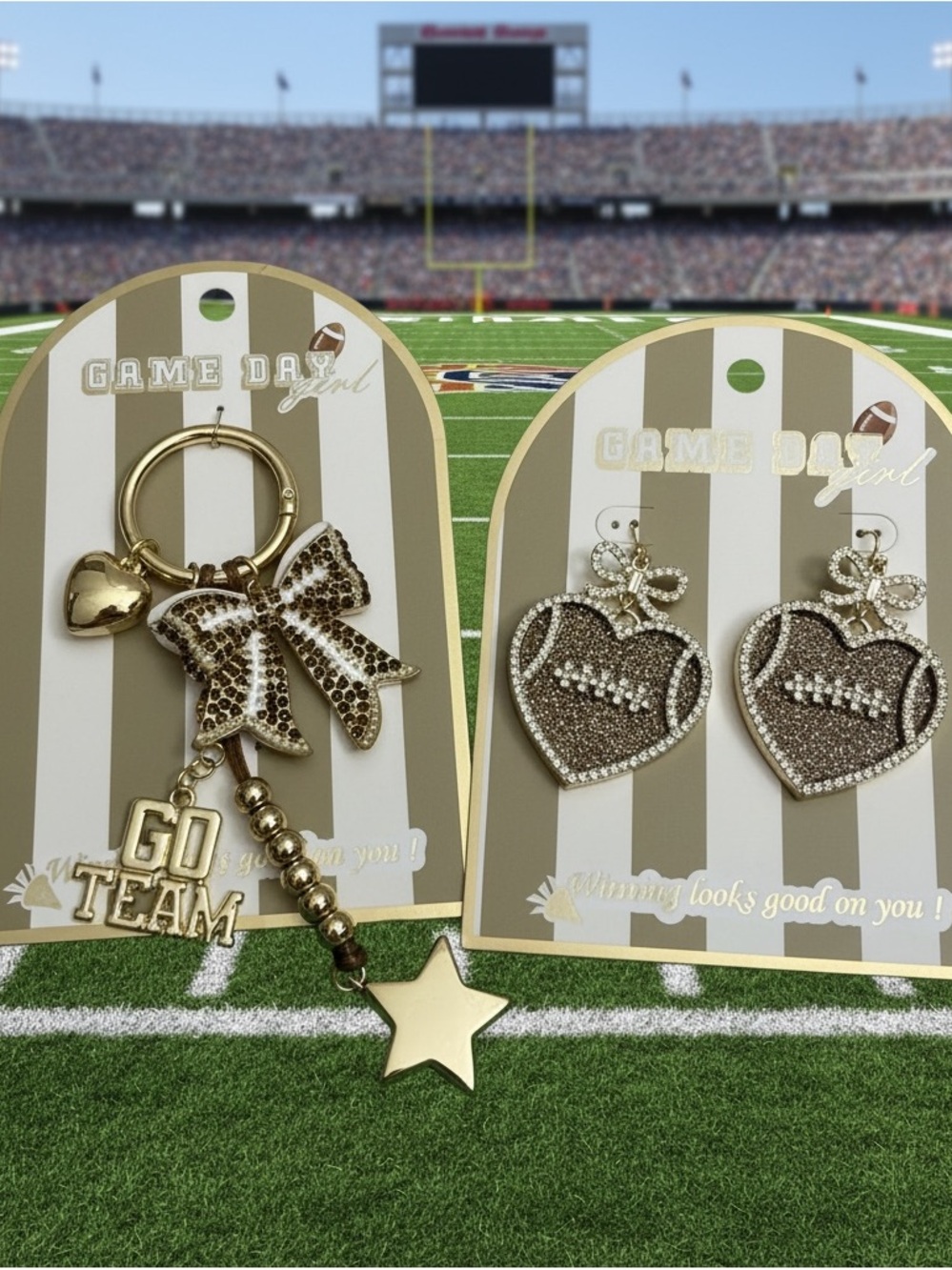 Gold Rhinestone Bow Bag Charm & Football Earrings Set. Football moms!